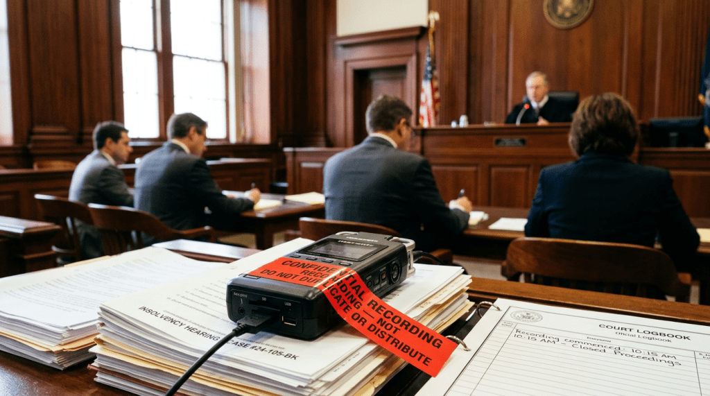 Digital recorder with confidential label on stack of legal documents in courtroom