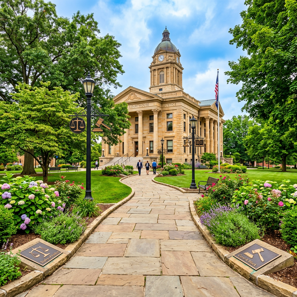 Historic courthouse building with clock tower and columns, surrounded by gardens and legal symbols on lamps