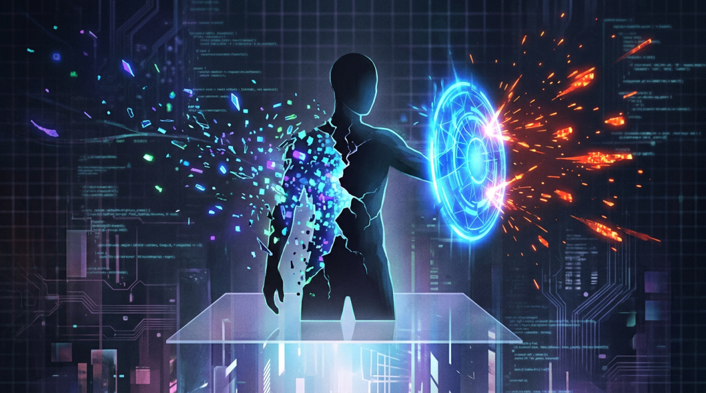Silhouette of a digital figure holding a glowing blue shield blocking red digital attacks