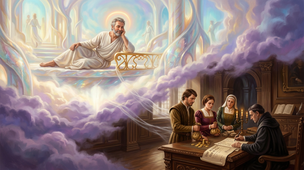 Monk recording debt payments from a couple and a nun inside a room as a heavenly figure observes from above