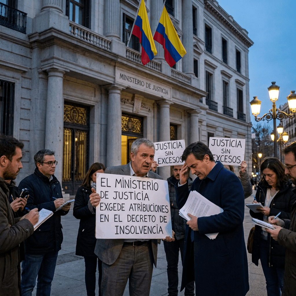 Protesters outside Ministerio de Justicia holding signs about excess powers in insolvency decree