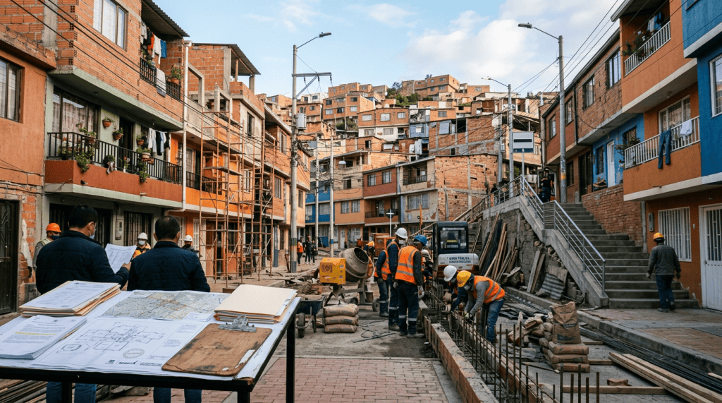 Construction workers repairing a steep street in a dense brick neighborhood
