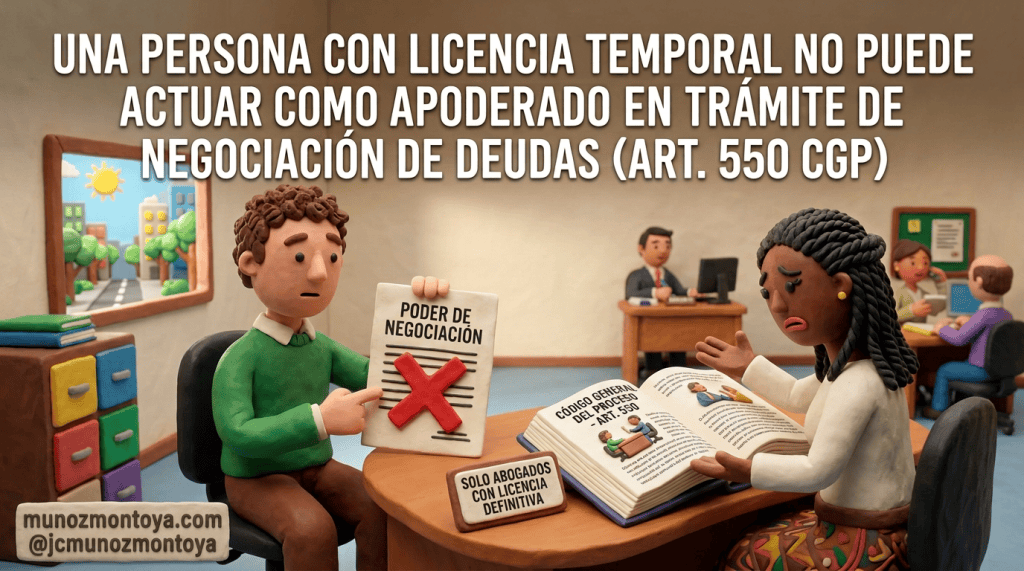 Spanish legal infographic stating temporary license holders cannot negotiate debts as attorneys under Article 550 CGP